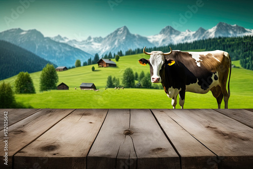 Wooden table, cows and Alps in the background , generative ai 