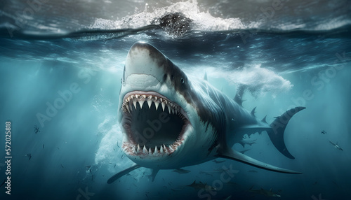 Sea monster attacks diver, fantasy underwater scene, generative