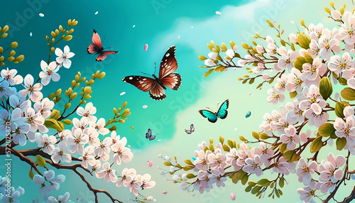 Illustration of a beautiful Spring season with cherry blossom, flowers, butterflies and blue skies, illustration created with Generative AI technology