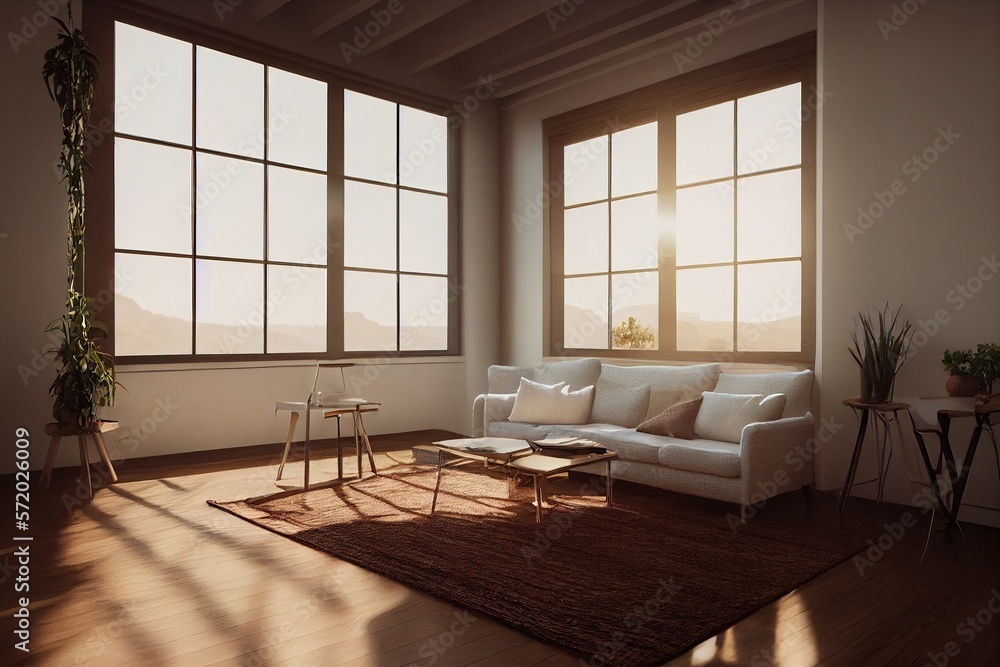 Beautiful Warm Cozy Modern Living Room Interior with minimal staged furniture with large windows at golden and indoor house plants made with Generative Ai Beautiful Warm Cozy Modern Living Room Interior with minimal staged furniture with large windows at golden and indoor house plants made with Generative Ai