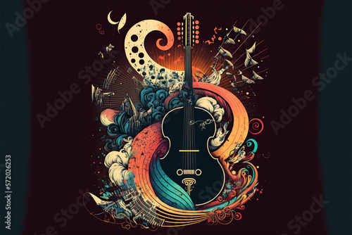 Ilustración de un fondo musical con instrumento de cuerda rodeado de figuras abstractas. Generative AI