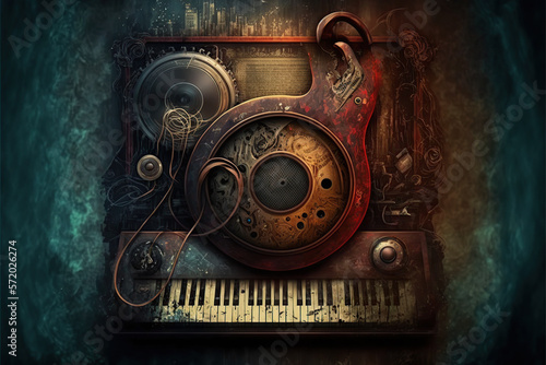Ilustración de un fondo musical abstracto con el teclado de un piano como base. Generative AI