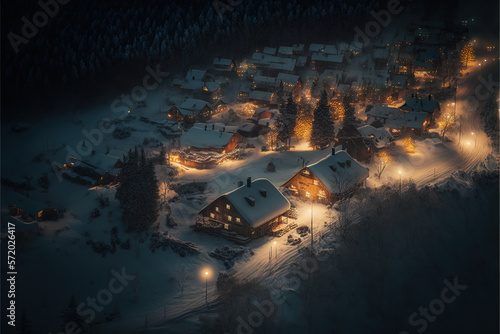 Ilustración de un pueblo nevado e iluminado visto desde lo alto en una noche de invierno. Generative AI