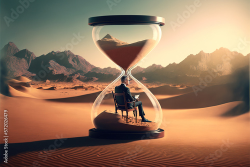 ilustración de un hombre sentado en una silla dentro de un reloj de arena que está en el desierto. Gnerative AI photo