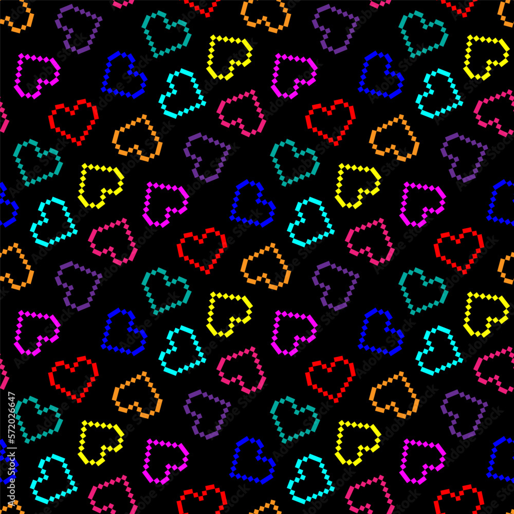 Small bright colorful multi-colored pixel hearts isolated on a black background. Cute seamless pattern. Vector simple flat graphic illustration. Texture.