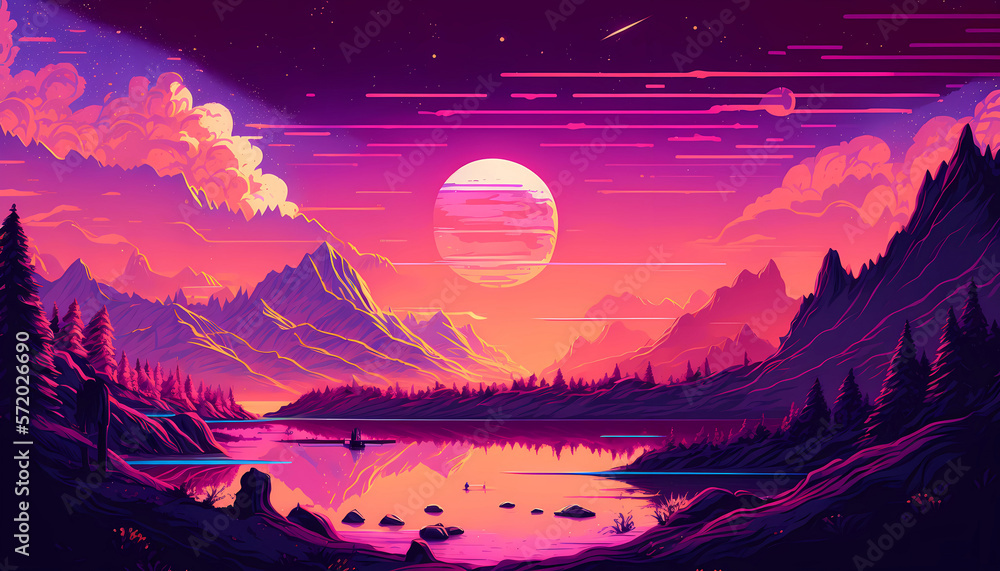 Retro futuristic synthwave retrowave styled landscape , vaporwave , AI