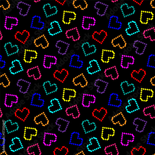 Small bright colorful multi-colored pixel hearts isolated on a black background. Cute seamless pattern. Vector simple flat graphic illustration. Texture.