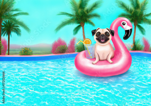 cute happy pug puppy dog sitting on pink inflatable flamingo floating in pool in summer, tropical background with palm trees - AI generated illustration © monicaclick