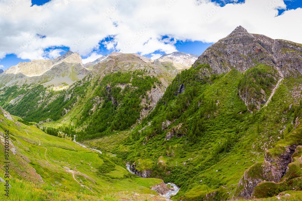 Panorama in the Gran Paradiso National Park. View from the top of Rhemes Notre Dame valley. Italian Alps. Aosta Valley, Italy. Alps Italy in summer