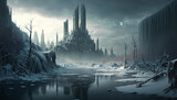 Frozen fantasy castle in ice age .3 Iced cathedral landscape concept art ,AI