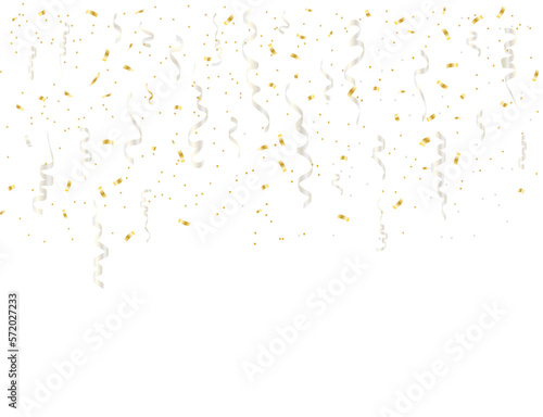Gold and silver confetti and a ribbon fall on a transparent background. Vector illustration.