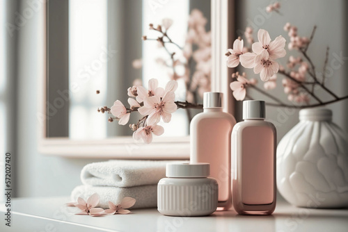 Photographie Cosmetic and beauty products for bath, spa in white bottles, branch of spring pi