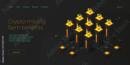 Cryptocoin mining farm layout. Cryptocurrency and blockchain network business isometric vector illustration. Crypto currency exchange or transaction process background.