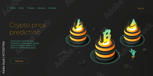 Cryptocoin mining farm layout. Cryptocurrency and blockchain network business isometric vector illustration. Crypto currency exchange or transaction process background.