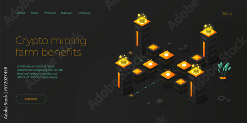 Cryptocoin mining farm layout. Cryptocurrency and blockchain network business isometric vector illustration. Crypto currency exchange or transaction process background.