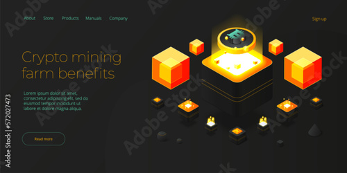 Cryptocoin mining farm layout. Cryptocurrency and blockchain network business isometric vector illustration. Crypto currency exchange or transaction process background.