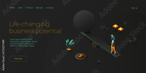 Business weight potential in isometric vector design concept. Powerful businesswoman striving and achieving corporate goal. Motivation web banner layout