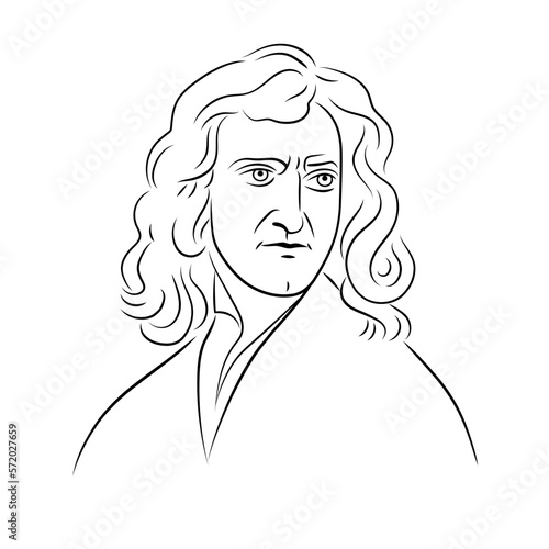 Portrait of Isaac Newton. Mathematician, Physicist, Astronomer, Alchemist, Theologian. Line. Isolated vector illustration.