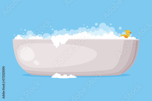 Acrylic Bathtub Full of Water with Soap Bubbles Foam Isolated on Blue Background Vector Illustration