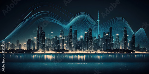 Smart City and Big Data Interconnectivity with Blue Wires and Antennas against Night Skyline. Smart city and big data connection technology concept with digital blue wavy wires with antennas.