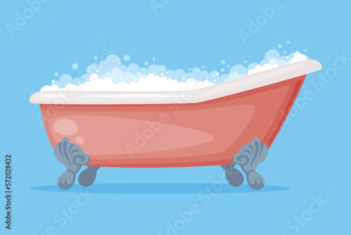 Cast Iron Bathtub on Claw Foot Pedestal Full of Water with Soap Bubbles Foam Isolated on Blue Background Vector Illustration