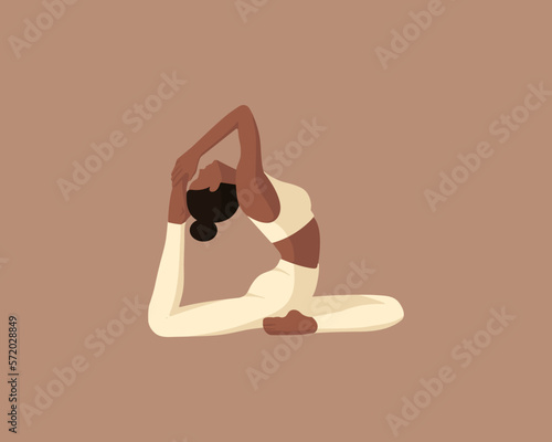 Black girl with brown hair doing yoga pilates gymnastics sport fitness in light brown sport form in faceless style on brown background	