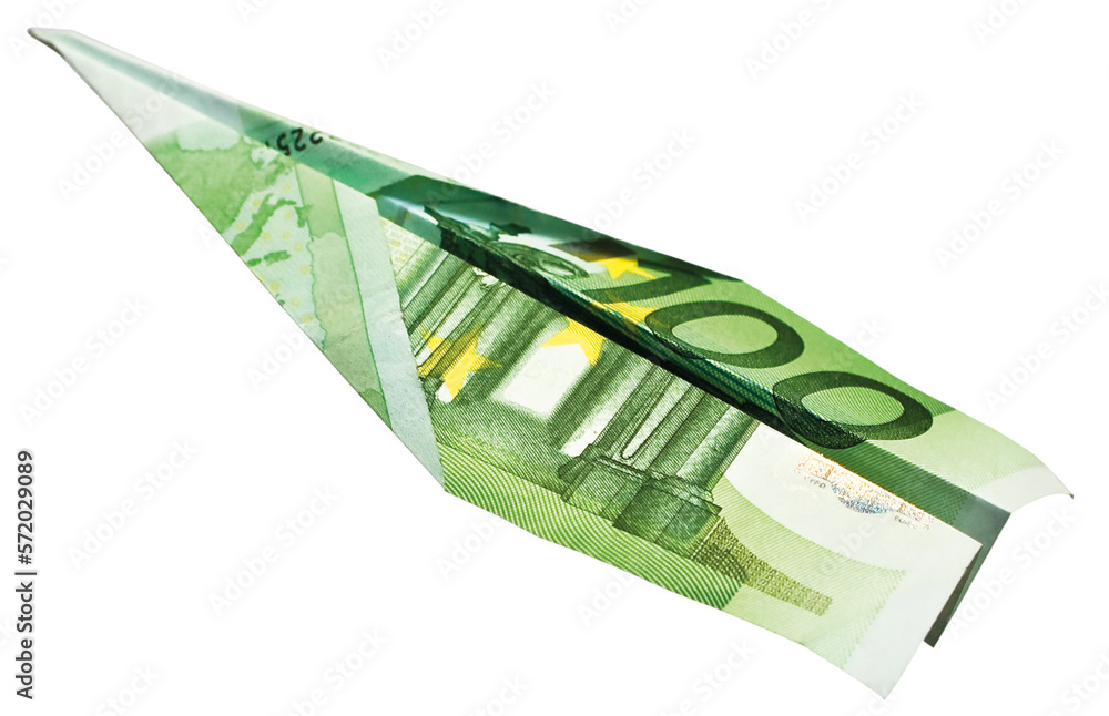 Money plane. Cash Euro banknote folded into airplane on transparent background. Express money transfer or bank payment. Travel cost in Europe. - obrazy, fototapety, plakaty 
