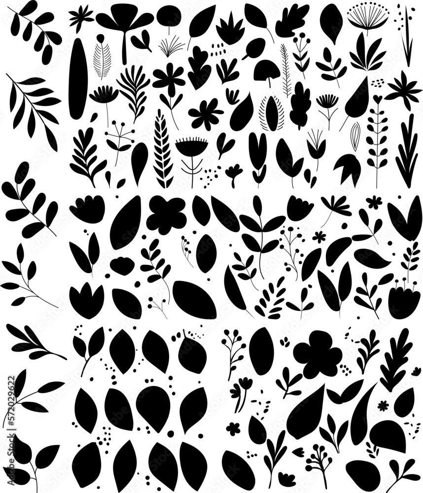 Naklejka premium set of plants, leaves, flowers silhouette on white background vector