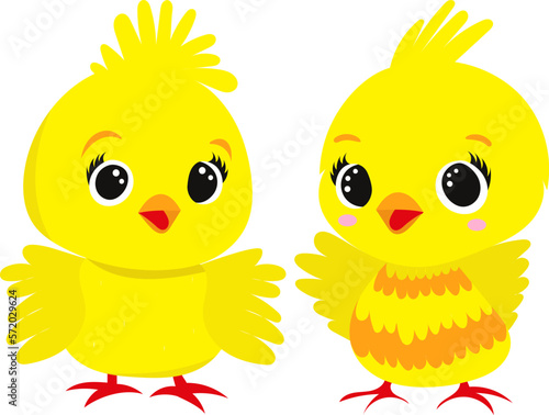 cartoon chickens with big eyes on a white background, vector