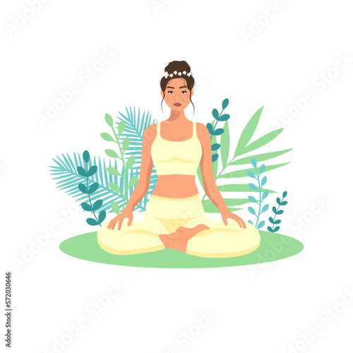 Female cartoon character sitting in lotus posture and meditating. Girl with crossed legs. Colorful flat vector illustration with plants. Young pretty woman performing yoga exercise. (ID: 572030646)