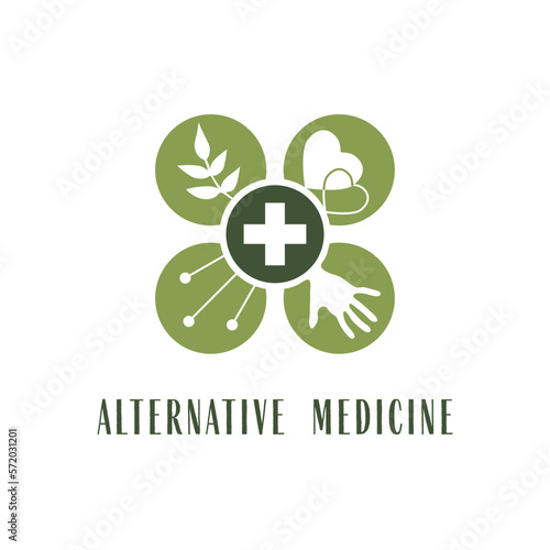 Alternative medicine logo, sign, icon. Chinese medicine. wellness, yoga, zen concept. Flat style. Holistic center, naturopathic, homeopathy, acupuncture, ayurveda, chinese medicine, womans health