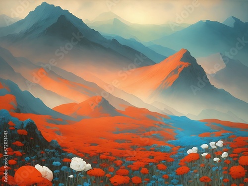 Landscape of fields covered with red flowers, against a background of mountains in a haze. Painted with oil paints. Generative AI