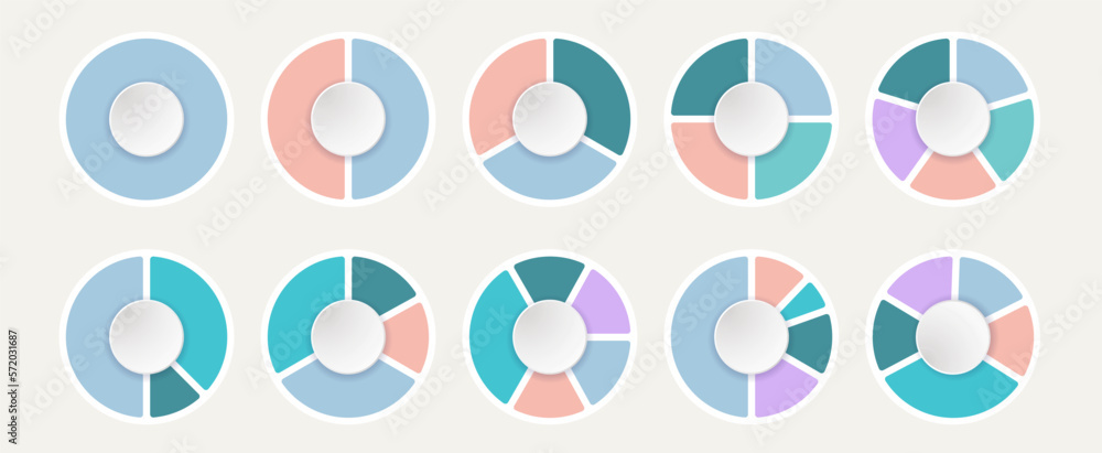 Pie charts or circle graphs with data in proportionate circular segments. Each slice represents a category. Colors help distinguish and simplify complex information. Vector illustration Pie charts or circle graphs with data in proportionate circular segments. Each slice represents a category. Colors help distinguish and simplify complex information. Vector illustration