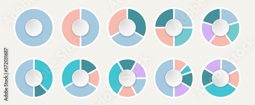 Pie charts or circle graphs with data in proportionate circular segments. Each slice represents a category. Colors help distinguish and simplify complex information. Vector illustration