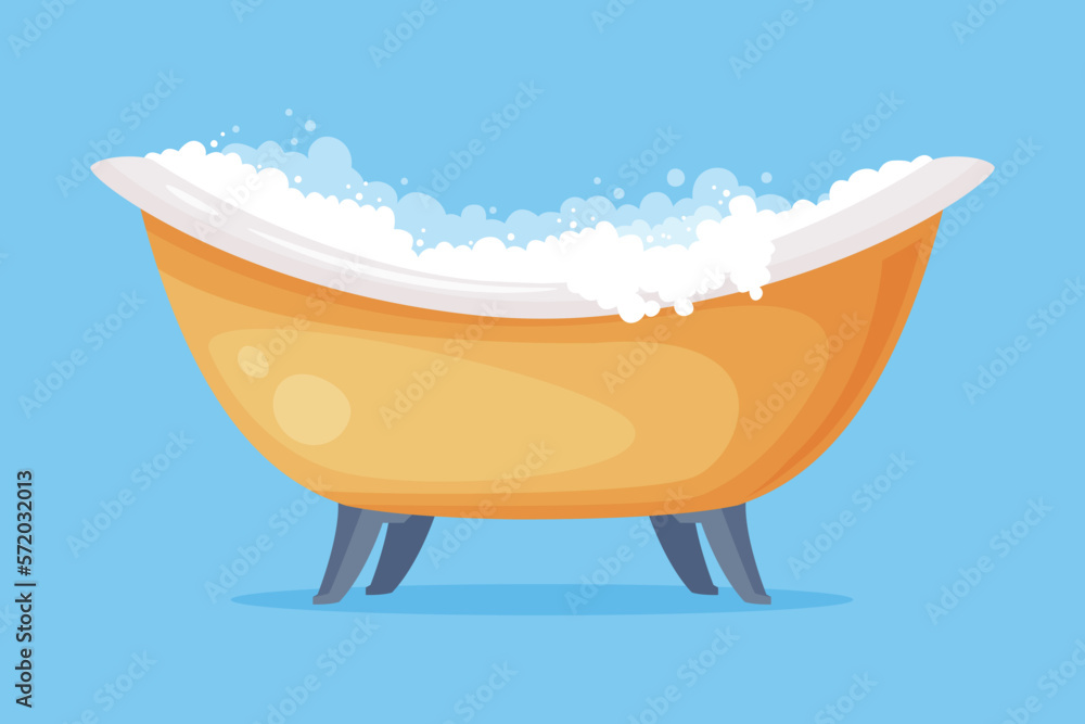 Cast Iron Bathtub on Foot Full of Water with Soap Bubbles Foam Isolated on Blue Background Vector Illustration Cast Iron Bathtub on Foot Full of Water with Soap Bubbles Foam Isolated on Blue Background Vector Illustration