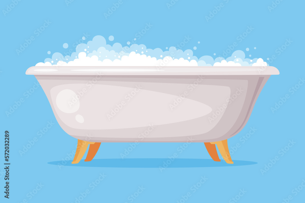 Cast Iron Bathtub on Foot Full of Water with Soap Bubbles Foam Isolated on Blue Background Vector Illustration Cast Iron Bathtub on Foot Full of Water with Soap Bubbles Foam Isolated on Blue Background Vector Illustration