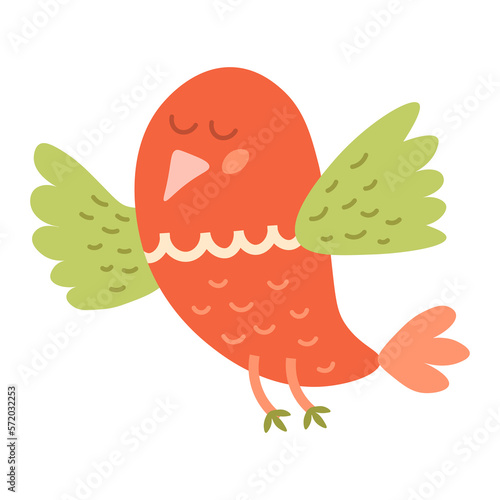 Lovely spring small bird. Flying red sparrow or dove with green wings. For cute kids stickers and illustrations 