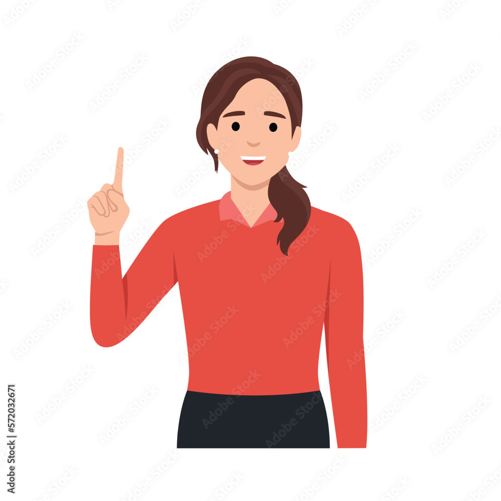 Young woman Character raise his hand to show the count number 1 Flat vector illustration isolated on white background