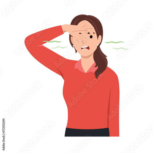 Stink smell and disgust concept. Young unhappy dissatisfied woman covers nose with hands, showing disgust. Disappointed unhappy girl feels disgust because of awful smell and stink