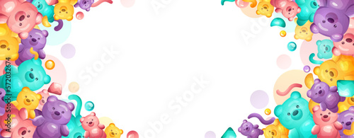 Jelly bear border frame with Colorful marmalade, worms, candies and sweets. Vector template isolated on white background