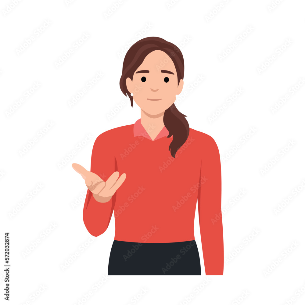 Young woman standing and talking with hand gesture trying to convict. Ask people to join. Flat vector illustration isolated on white background Young woman standing and talking with hand gesture trying to convict. Ask people to join. Flat vector illustration isolated on white background