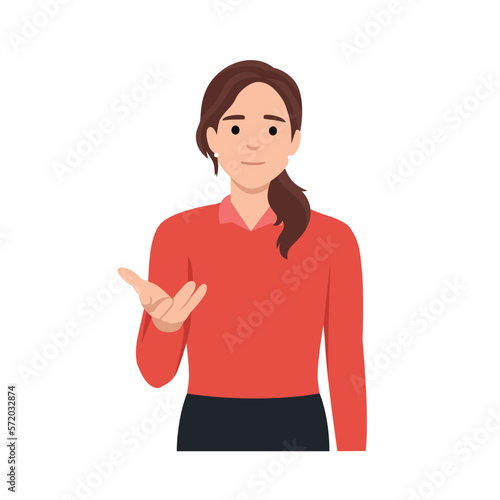 Young woman standing and talking with hand gesture trying to convict. Ask people to join. Flat vector illustration isolated on white background