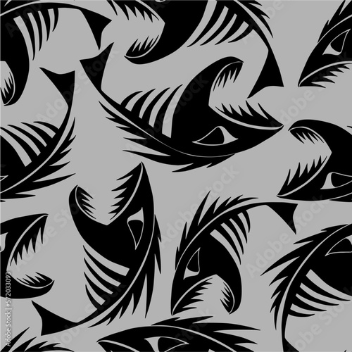 bright seamless pattern of black graphic fish skeletons on a gray background, texture, design