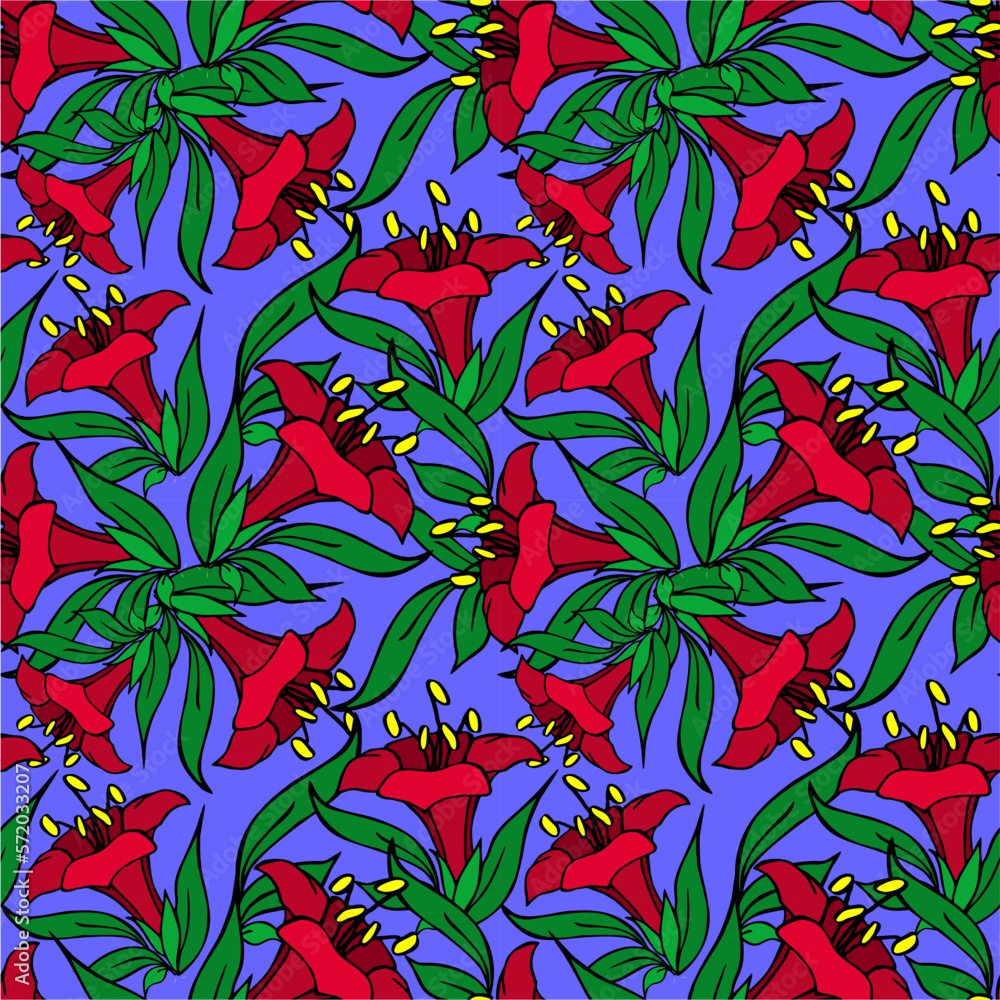 seamless asymmetric graphic pattern of red flowers on a blue background, texter, design seamless asymmetric graphic pattern of red flowers on a blue background, texter, design