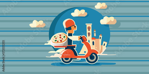 Pizza delivery man speeds through an eastern city. Flat style. Vector print seamless for interior, clothes, notebooks, pillows, design.