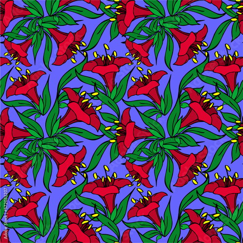 seamless asymmetric graphic pattern of red flowers on a blue background, texter, design