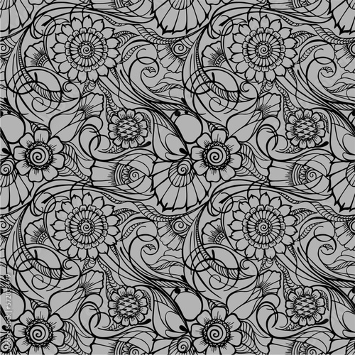 seamless floral pattern, oriental motifs, contour black floral pattern on a gray background, texture, background