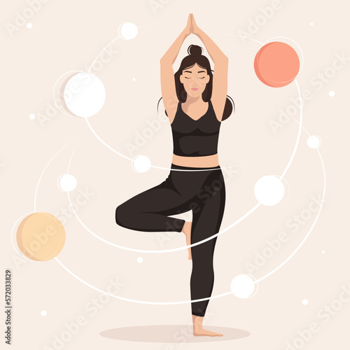 Poster with young woman balancing among planets looking for relax, vector illustration
