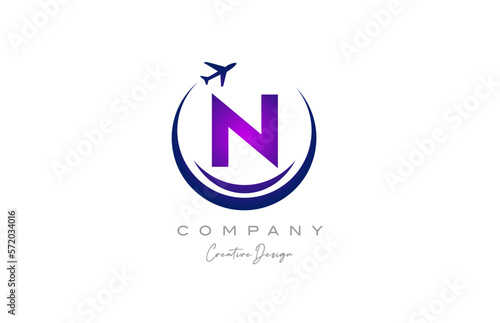 N alphabet letter logo with plane for a travel or booking agency in purple. Corporate creative template design for company and business
