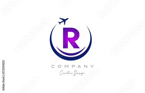 R alphabet letter logo with plane for a travel or booking agency in purple. Corporate creative template design for company and business
